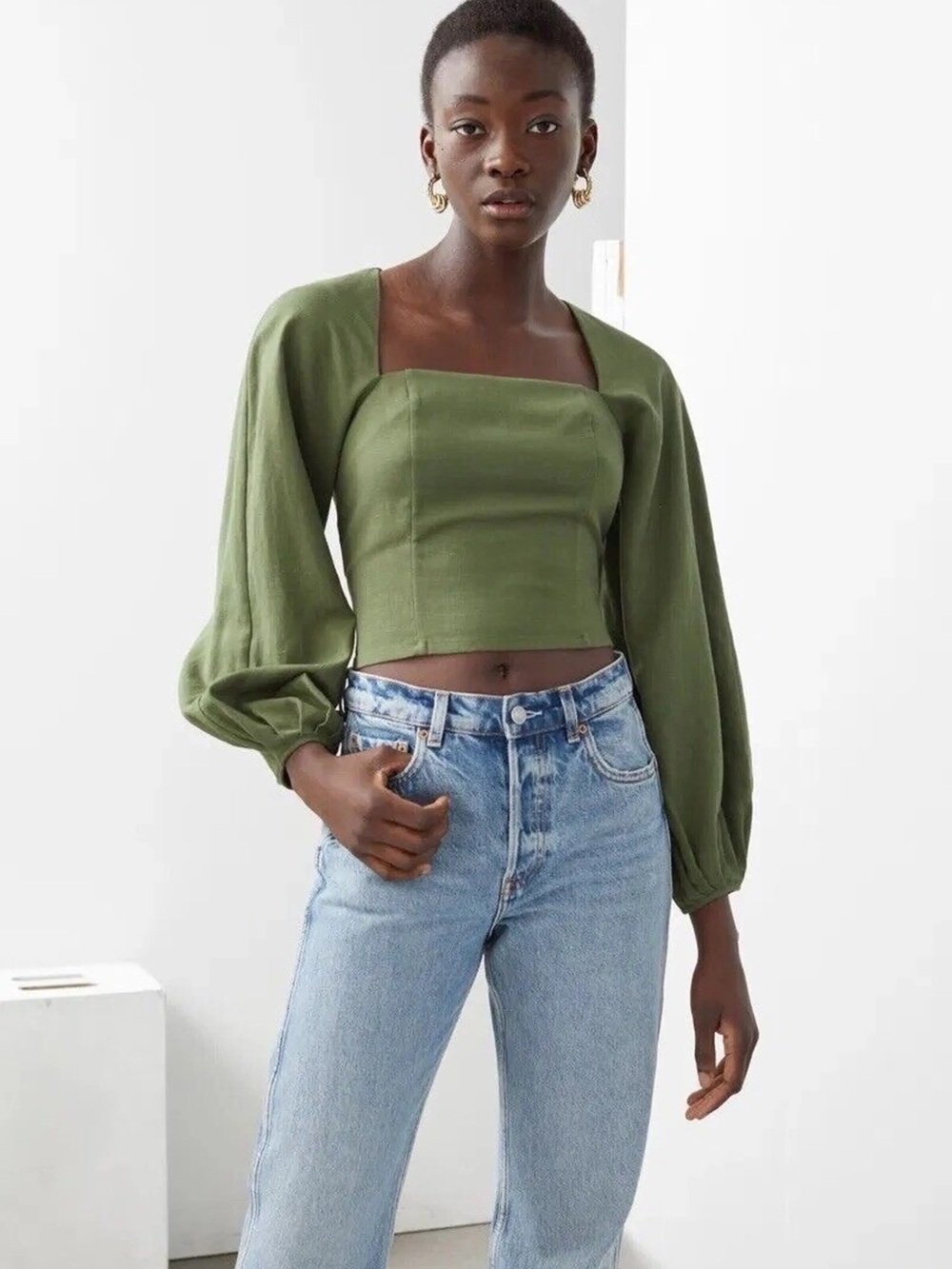 NWT & Other Stories Olive Green Square Neck Puff Sleeve Crop Top